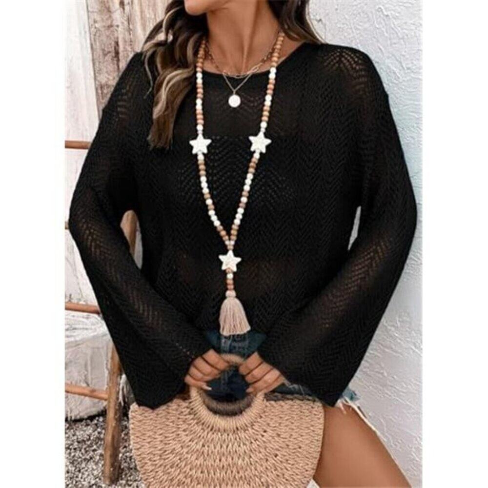 Black Crochet Beach Cover Up Bell Sleeve Mesh Sweater